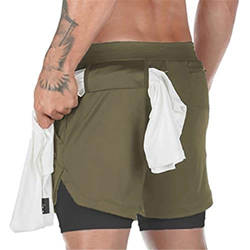 Superora Pantalones Cortos Hombre Deporte Chándal Deportivos Compresión Interna con Bolsillo Incorporado y Bolsillo Transpiración de Secado Rápido Verde Militar