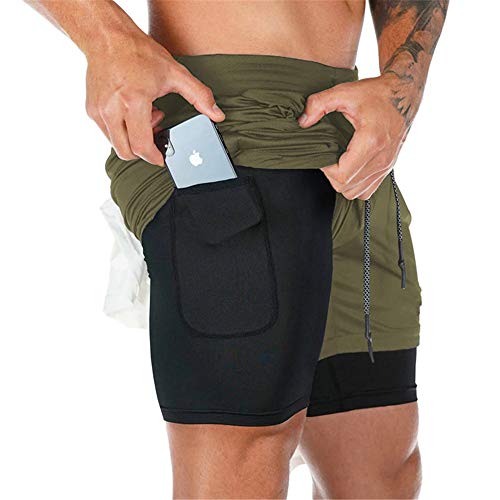 Superora Pantalones Cortos Hombre Deporte Chándal Deportivos Compresión Interna con Bolsillo Incorporado y Bolsillo Transpiración de Secado Rápido Verde Militar