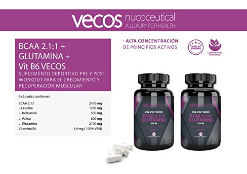 Suplemento deportivo Pre y Post Workout Vecos – BCAA, glutamina y vitamina B6 para el crecimiento y recuperación muscular – 200 cápsulas vegetales – Producto vegano