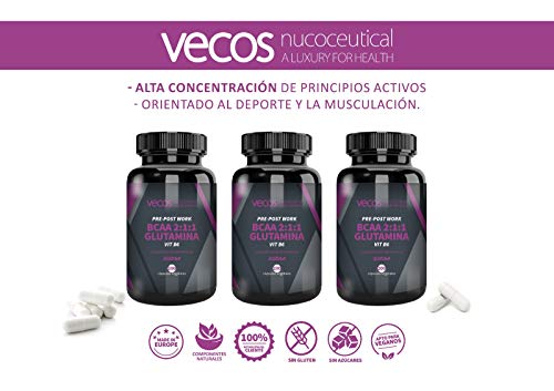 Suplemento deportivo Pre y Post Workout Vecos – BCAA, glutamina y vitamina B6 para el crecimiento y recuperación muscular – 200 cápsulas vegetales – Producto vegano