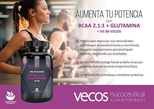 Suplemento deportivo Pre y Post Workout Vecos – BCAA, glutamina y vitamina B6 para el crecimiento y recuperación muscular – 200 cápsulas vegetales – Producto vegano