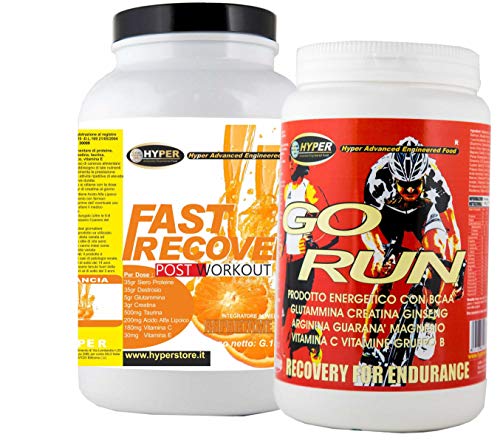 Suplementos de ciclismo Potente energetico GO RUN gr 1000 + FAST RECOVER Post Workout 1500 gr Promueve Muscular Ideal Recuperación para el Mantenimiento Whey Dextrosa Greatina Glutamina Taurina