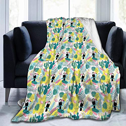 SURERUIM Soft Fleece Throw Blanket,Patrón de Arte de la Isla Aloha Nature con Cactus de flamencos de tucán y Hojas exóticas,Home Hotel Sofá Cama Sofá Mantas para Parejas Niños Adultos,120x150cm
