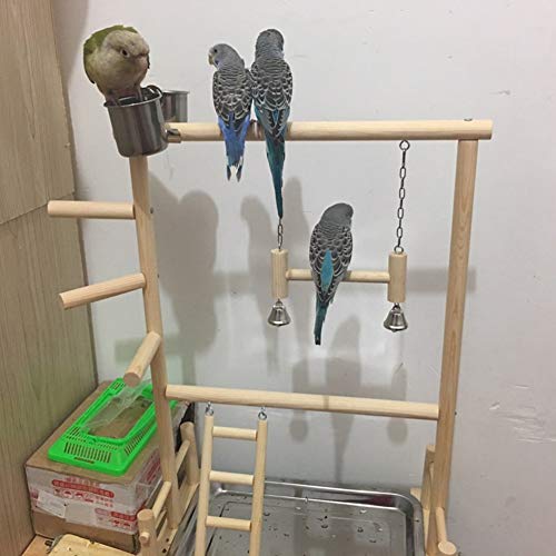 Suszian Bird Play Stand, Doble Capa Wooden Bird Stand Incluyendo Escalera Swing Bell Bird Athletic Toy Stand de Madera Parrot Training Fitness Gym