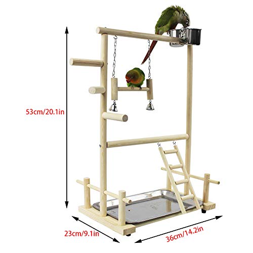 Suszian Bird Play Stand, Doble Capa Wooden Bird Stand Incluyendo Escalera Swing Bell Bird Athletic Toy Stand de Madera Parrot Training Fitness Gym