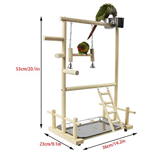 Suszian Bird Play Stand, Doble Capa Wooden Bird Stand Incluyendo Escalera Swing Bell Bird Athletic Toy Stand de Madera Parrot Training Fitness Gym