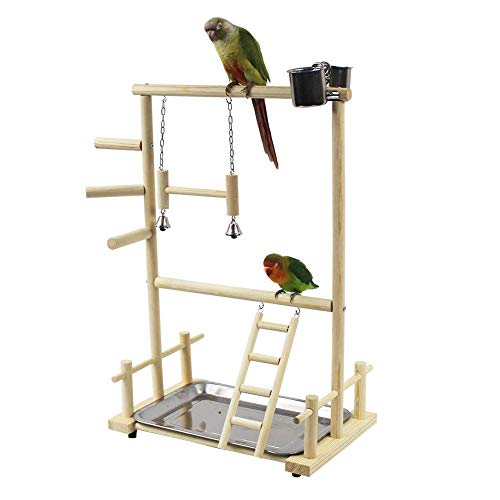 Suszian Bird Play Stand, Doble Capa Wooden Bird Stand Incluyendo Escalera Swing Bell Bird Athletic Toy Stand de Madera Parrot Training Fitness Gym