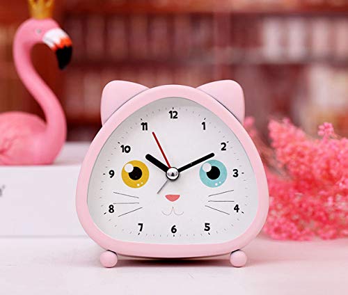 S.W.H Niños Niñas Gato Rosa Reloj Despertador Simple Batería Silencioso Pequeño Además de Relojes de Dibujos Animados Creativos 4 Pulgadas