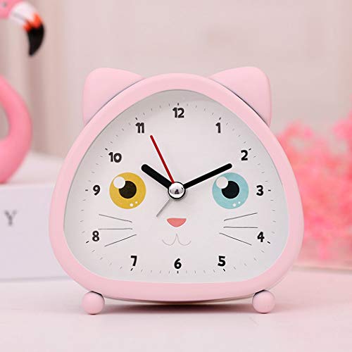S.W.H Niños Niñas Gato Rosa Reloj Despertador Simple Batería Silencioso Pequeño Además de Relojes de Dibujos Animados Creativos 4 Pulgadas