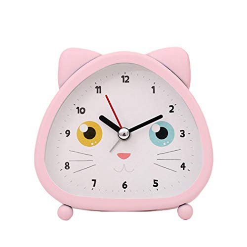 S.W.H Niños Niñas Gato Rosa Reloj Despertador Simple Batería Silencioso Pequeño Además de Relojes de Dibujos Animados Creativos 4 Pulgadas