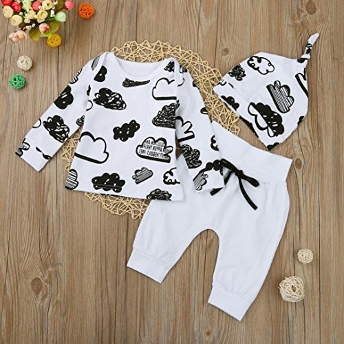 Switchali Ropa Bebe Nino Recien Nacido otoño Impresión de la Nube Blusa Bebe niña Manga Larga Camisetas Bebé Conjuntos Moda Camisa + Pantalones + Sombrero (3 Piezas) (70 (0~3meses), Blanco)