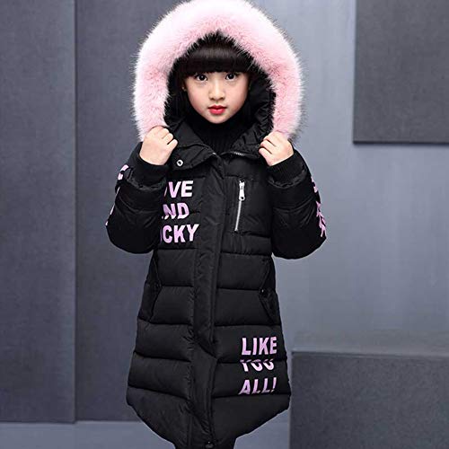 SXSHUN Niñas Abrigo Acolchado de Invierno con Capucha de Pelo Chaqueta Caliente de Algodón con Estampado de Letras, Negro, 12-14 años