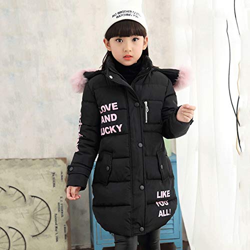 SXSHUN Niñas Abrigo Acolchado de Invierno con Capucha de Pelo Chaqueta Caliente de Algodón con Estampado de Letras, Negro, 9-10 años SXSHUN Niñas Abrigo Acolchado de Invierno con Capucha de Pelo Chaqueta Caliente de Algodón con Estampado de Letras, Negro, 9-10 años