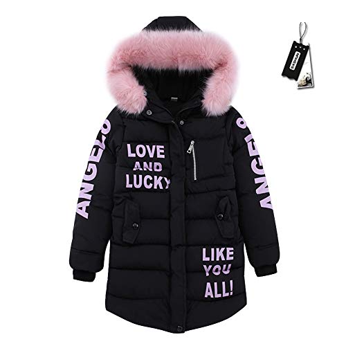 SXSHUN Niñas Abrigo Acolchado de Invierno con Capucha de Pelo Chaqueta Caliente de Algodón con Estampado de Letras, Negro, 9-10 años SXSHUN Niñas Abrigo Acolchado de Invierno con Capucha de Pelo Chaqueta Caliente de Algodón con Estampado de Letras, Negro, 9-10 años