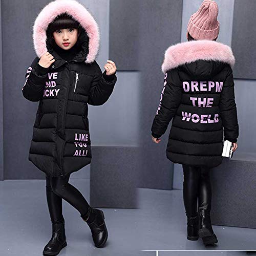SXSHUN Niñas Abrigo Acolchado de Invierno con Capucha de Pelo Chaqueta Caliente de Algodón con Estampado de Letras, Negro, 9-10 años SXSHUN Niñas Abrigo Acolchado de Invierno con Capucha de Pelo Chaqueta Caliente de Algodón con Estampado de Letras, Negro, 9-10 años