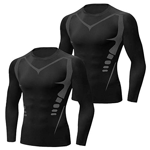 Sykooria 2 Pack Camiseta de Compresión Deportiva para Hombre Ropa Deportiva de Manga Larga de Transpirable y Secado Rápido Correr Gym Entrenamiento Ciclismo