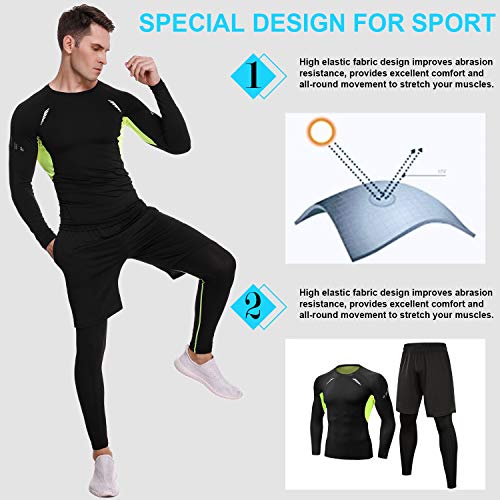 Sykooria 3 Piezas Conjunto de Compresión Deportiva para Hombre Camisetas de Manga Larga de Fitness Mallas de Running y Pantalon Deporte Corto de Elástico Correr Gym