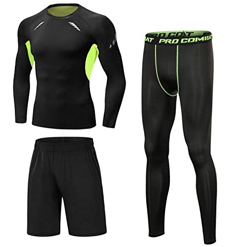 Sykooria 3 Piezas Conjunto de Compresión Deportiva para Hombre Camisetas de Manga Larga de Fitness Mallas de Running y Pantalon Deporte Corto de Elástico Correr Gym Sykooria 3 Piezas Conjunto de Compresión Deportiva para Hombre Camisetas de Manga Larga de Fitness Mallas de Running y Pantalon Deporte Corto de Elástico Correr Gym