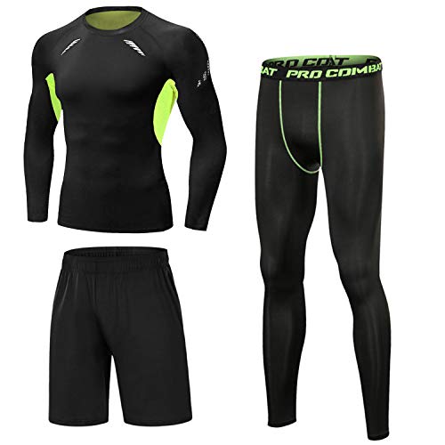 Sykooria 3 Piezas Conjunto de Compresión Deportiva para Hombre Camisetas de Manga Larga de Fitness Mallas de Running y Pantalon Deporte Corto de Elástico Correr Gym