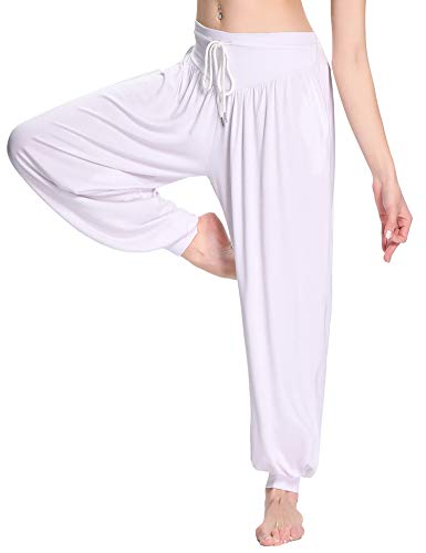 Sykooria Pantalones de Yoga para Mujer de Algodón Modal Pantalones Deportivos Harem Mujer de Anchos Sueltos de Cintura Alta Pilates Baile (Blanco, 3XL)
