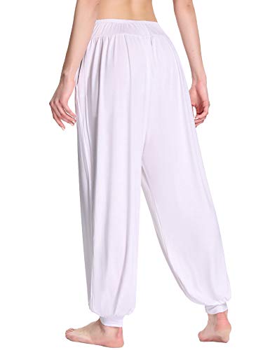 Sykooria Pantalones de Yoga para Mujer de Algodón Modal Pantalones Deportivos Harem Mujer de Anchos Sueltos de Cintura Alta Pilates Baile (Blanco, 3XL)