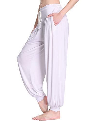 Sykooria Pantalones de Yoga para Mujer de Algodón Modal Pantalones Deportivos Harem Mujer de Anchos Sueltos de Cintura Alta Pilates Baile (Blanco, 3XL)