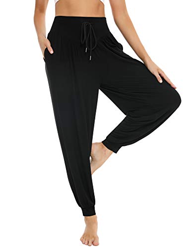Sykooria Pantalones de Yoga para Mujer de Algodón Modal Pantalones Deportivos Harem Mujer de Anchos Sueltos de Cintura Alta Pilates Baile (Negro, 3XL)