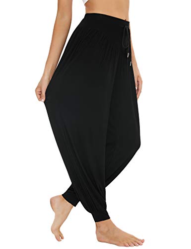 Sykooria Pantalones de Yoga para Mujer de Algodón Modal Pantalones Deportivos Harem Mujer de Anchos Sueltos de Cintura Alta Pilates Baile (Negro, 3XL)