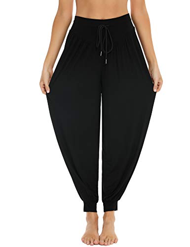 Sykooria Pantalones de Yoga para Mujer de Algodón Modal Pantalones Deportivos Harem Mujer de Anchos Sueltos de Cintura Alta Pilates Baile (Negro, 3XL)