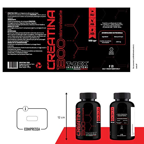 T-Rex Integratori, CREATINE 1300mg Monohidrato Micronizada. 100 Tabletas. Suplemento Deportivos de Creatina para Musculacion