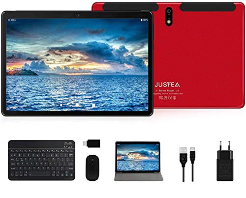 Tablet 10 Pulgadas Android 10.0 Tableta Ultra-Portátiles - RAM 4GB | 64GB Expandible (Certificación Google GMS) -JUSYEA - Batería de 8000mAh - WiFi —Ratón | Teclado y Otros - Rojo