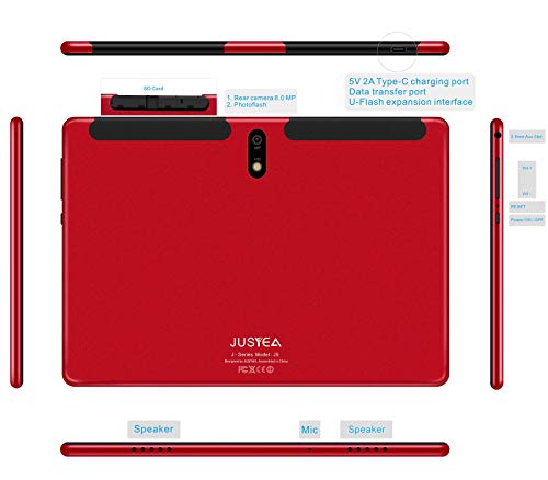 Tablet 10 Pulgadas Android 10.0 Tableta Ultra-Portátiles - RAM 4GB | 64GB Expandible (Certificación Google GMS) -JUSYEA - Batería de 8000mAh - WiFi —Ratón | Teclado y Otros - Rojo