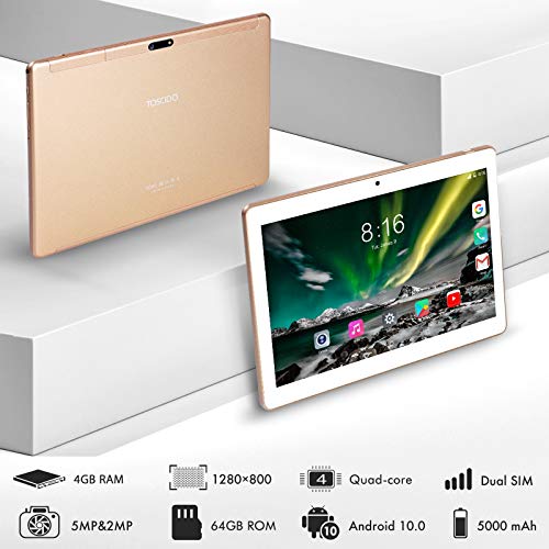 Tablet 10 Pulgadas - TOSCIDO Android 10.0 Certificado por Google GMS 4G LTE Tablets,4GB de RAM y 64 GB,Dobles SIM, GPS,WiFi,Teclado Bluetooth，Ratón，Funda para Tableta y Más Incluidos - Gold