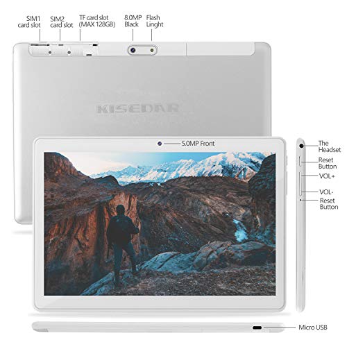 Tablet Android 9.0 da 10''con Procesador de cuatro núcleos WiFi navigazione Bluetooth 4 GB di RAM 64 GB di Memoria Dual SIM 3G è anche un cellulare（Blanco）