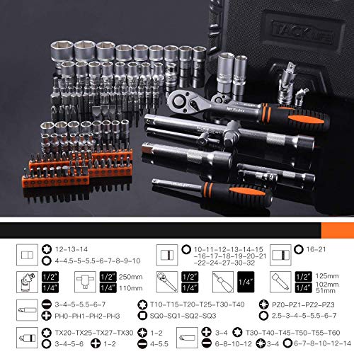 TACKLIFE Juego de Llaves de Vaso, Profesionales, 119 Piezas, Llave de Carraca Reversible de 1/2"y 1/4", Manija Giratoria, Barra de Extensión, Kit de Herramientas Mecánicas para el Auto - SWS5A