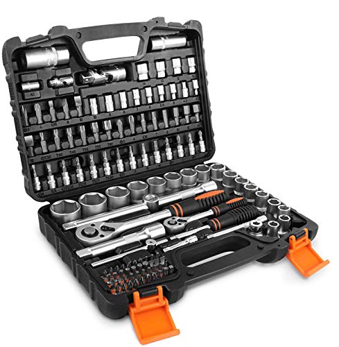 TACKLIFE Juego de Llaves de Vaso, Profesionales, 119 Piezas, Llave de Carraca Reversible de 1/2"y 1/4", Manija Giratoria, Barra de Extensión, Kit de Herramientas Mecánicas para el Auto - SWS5A TACKLIFE Juego de Llaves de Vaso, Profesionales, 119 Piezas, Llave de Carraca Reversible de 1/2"y 1/4", Manija Giratoria, Barra de Extensión, Kit de Herramientas Mecánicas para el Auto - SWS5A