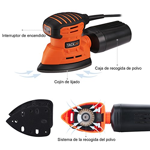 TACKLIFE Lijadora Eléctrica, 12000RPM 130W Lijadora Mouse para Madera con Recogida de Polvo, Conectada a Aspiradora de 35mm, Interruptor a Prueba de Polvo, 12 Lijas (6x 80/180 Granos) PMS01A