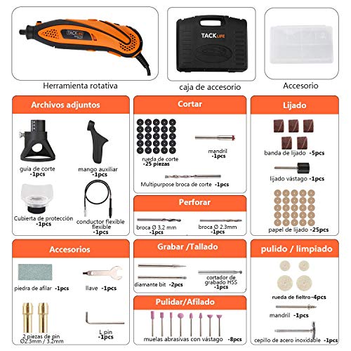 TACKLIFE Mini Amoladora Eléctrica Advanced Professional Kit de Herramientas Rotatorias Multifunción con 80 Accesorios y 4 Archivos Adjuntos, Velocidad Variable para DIY, Artesanías TACKLIFE Mini Amoladora Eléctrica Advanced Professional Kit de Herramientas Rotatorias Multifunción con 80 Accesorios y 4 Archivos Adjuntos, Velocidad Variable para DIY, Artesanías