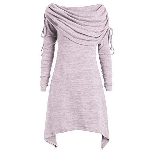 Talla Extra Sudadera Sin Capucha Mujer Largo Blusas Camiseta de Manga Larga Cuello Redondo Suelto Túnica Casual Basic Pull-Over Tops Color Sólido Túnica de Cuello Plegable riou