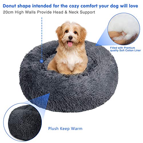 TAMOWA Cama Perro Suave Cama Gato Redonda, Camas de Gatos Perros de Donut con Parte Inferior Antideslizante, Cómodo Suave y Cálida Cama para Mascotas Gatos y Perros Pequeños, 50cm, Gris Oscuro