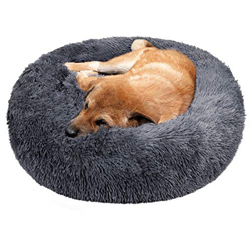 TAMOWA Cama Perro Suave Cama Gato Redonda, Camas de Gatos Perros de Donut con Parte Inferior Antideslizante, Cómodo Suave y Cálida Cama para Mascotas Gatos y Perros Pequeños, 50cm, Gris Oscuro