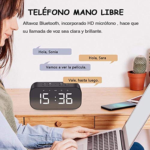 Tanouve Despertador con Altavoz Bluetooth Inalámbrico, 2000mAh Recargable Digital Reloj Despertador Espejo con Tiempo/Alarmas Dobles/Micrófono/Brillo Ajustable en Hogar