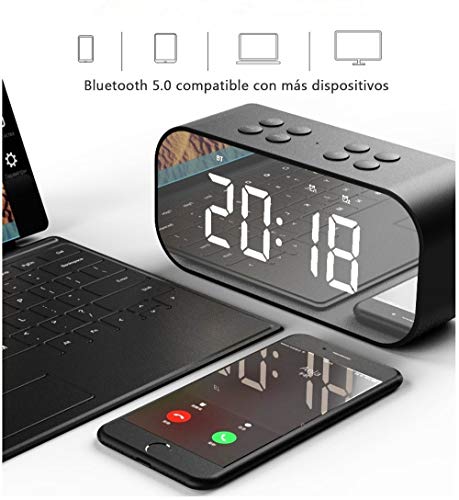 Tanouve Despertador con Altavoz Bluetooth Inalámbrico, 2000mAh Recargable Digital Reloj Despertador Espejo con Tiempo/Alarmas Dobles/Micrófono/Brillo Ajustable en Hogar Tanouve Despertador con Altavoz Bluetooth Inalámbrico, 2000mAh Recargable Digital Reloj Despertador Espejo con Tiempo/Alarmas Dobles/Micrófono/Brillo Ajustable en Hogar