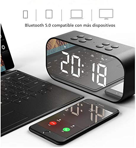 Tanouve Despertador con Altavoz Bluetooth Inalámbrico, 2000mAh Recargable Digital Reloj Despertador Espejo con Tiempo/Alarmas Dobles/Micrófono/Brillo Ajustable en Hogar