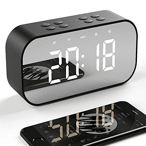 Tanouve Despertador con Altavoz Bluetooth Inalámbrico, 2000mAh Recargable Digital Reloj Despertador Espejo con Tiempo/Alarmas Dobles/Micrófono/Brillo Ajustable en Hogar