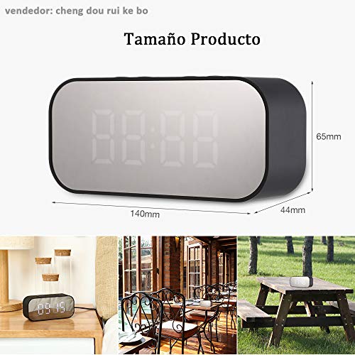 Tanouve Despertador con Altavoz Bluetooth Inalámbrico, 2000mAh Recargable Digital Reloj Despertador Espejo con Tiempo/Alarmas Dobles/Micrófono/Brillo Ajustable en Hogar