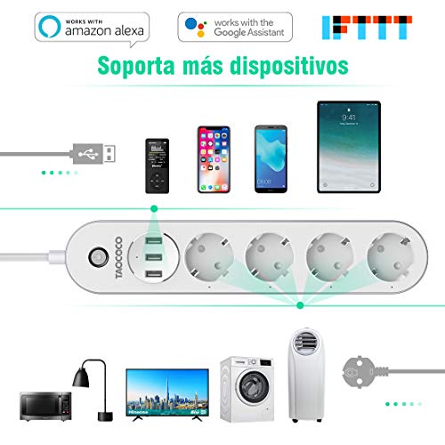 TAOCOCO Regleta inteligente, Smart Power Strip con 4 zócalos y 3 USB, Admite control por voz/Control remoto/Temporizador para la aplicación/Compatible con Alexa Google Home e IFTTT Multiplex Smart