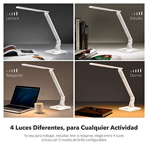 TaoTronics Lámpara Escritorio Usb LED,Flexo de Escritorio (4 Modos, 5 Niveles de Brillo, USB 5v/1A para cargar, Temporizador de 60min) para Leer, Estudiar, Cuidado de ojos, Color Blanco