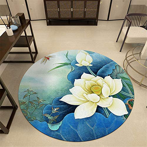 Tapete Redondo Felpudos Alfombra, Morbuy Estampado Lotus Estilo Chino Alfombras Piso Moqueta Poliéster Dormitorio Sala de Estar Juego Mats Pad para Habitación Decorativo (80cm,Azul)