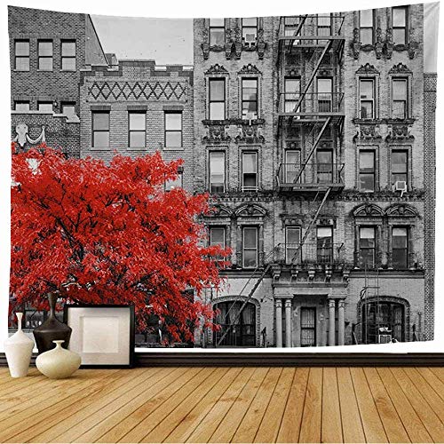 Tapiz de pared East Vintage Árbol rojo Otoño Negro Vivienda Vista Hojas blancas Escena de la calle Naturaleza Brooklyn City Nuevo tapiz Tapiz de playa para colgar en la pared para decoración del hogar